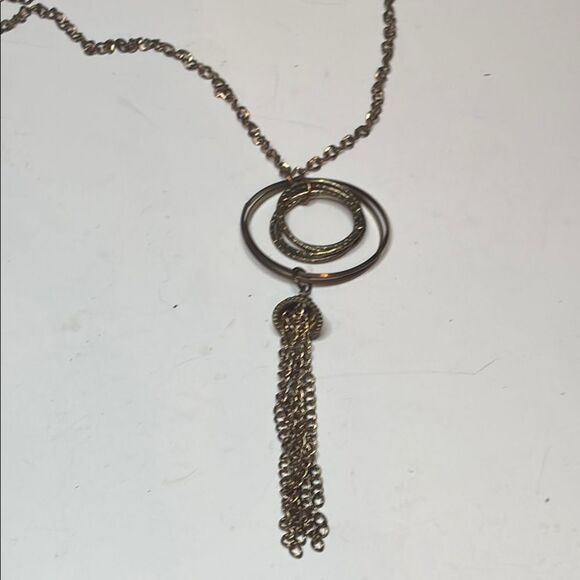 Contemporary Circular Pendant with Tassel Bronze Tone Chain Necklace 24” - Picture 1 of 6